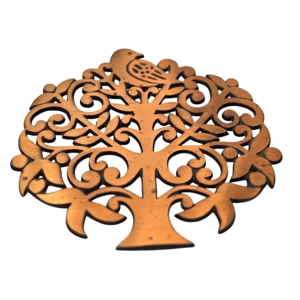 Vintage Cast Iron Copper Finish Trivet Tree of Life w/ Bird Wall Decor - Picture 1 of 6